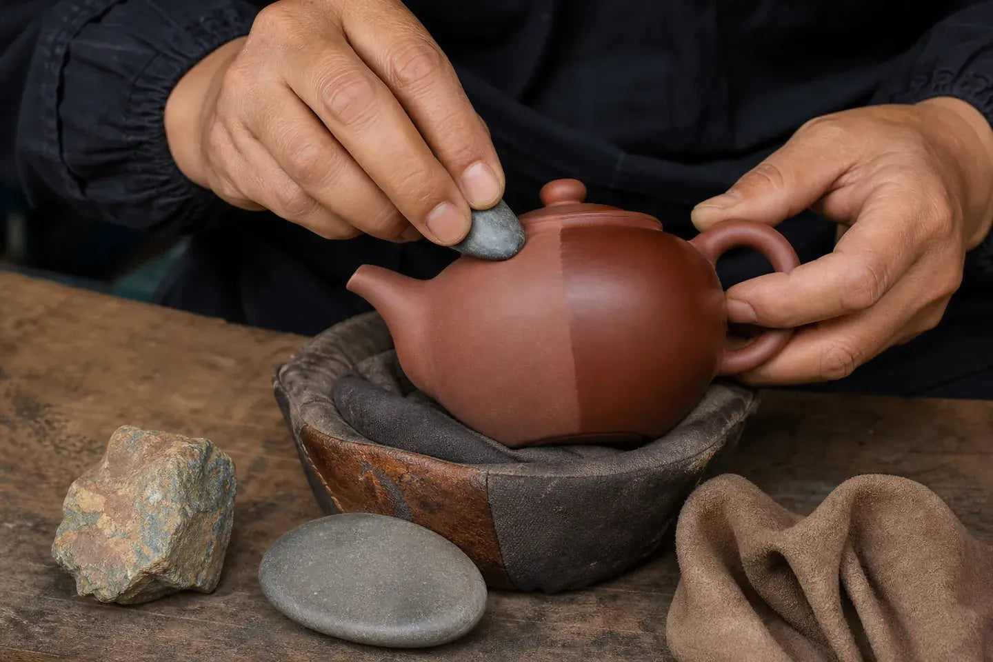 Sequential stone polishing on one Jianshui teapot surface