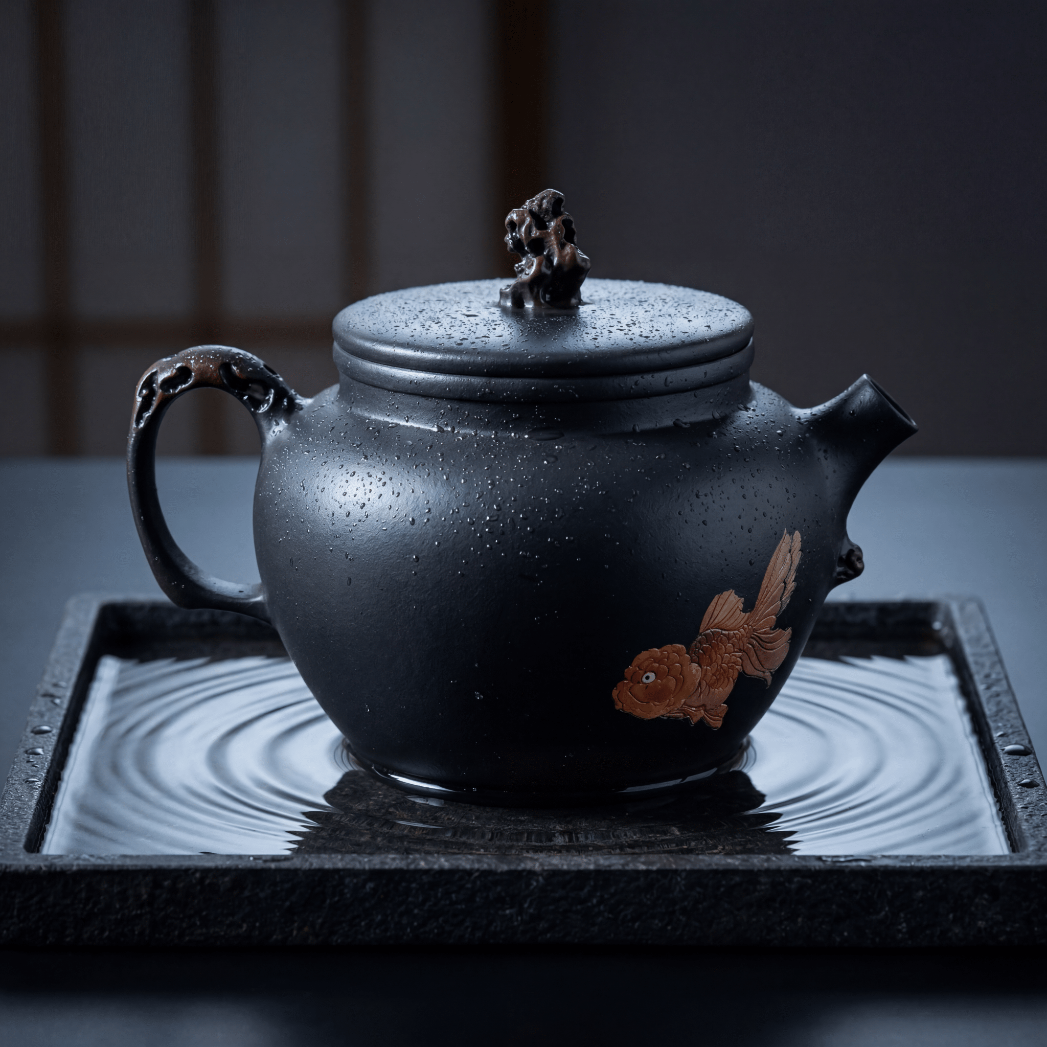 Jianshui – Black Duozhi Teapot with Goldfish - OrientalSpirit