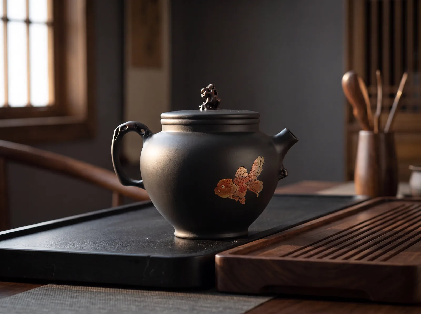 Black Duozhi Goldfish: rounded black clay body, loop handle, and short spout