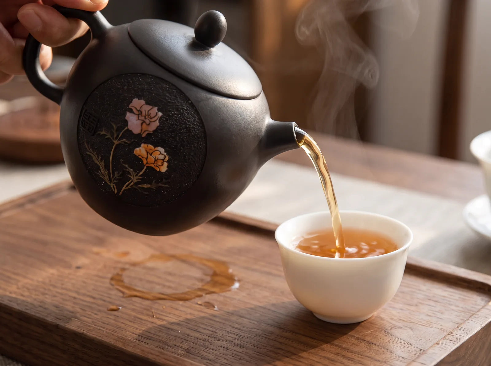 Black Pearl Blossom: small lid knob, curved handle, and controlled spout