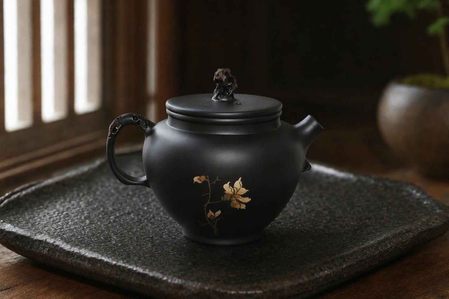 Floral Black Duo Zhi: rounded black body, high loop handle and direct spout