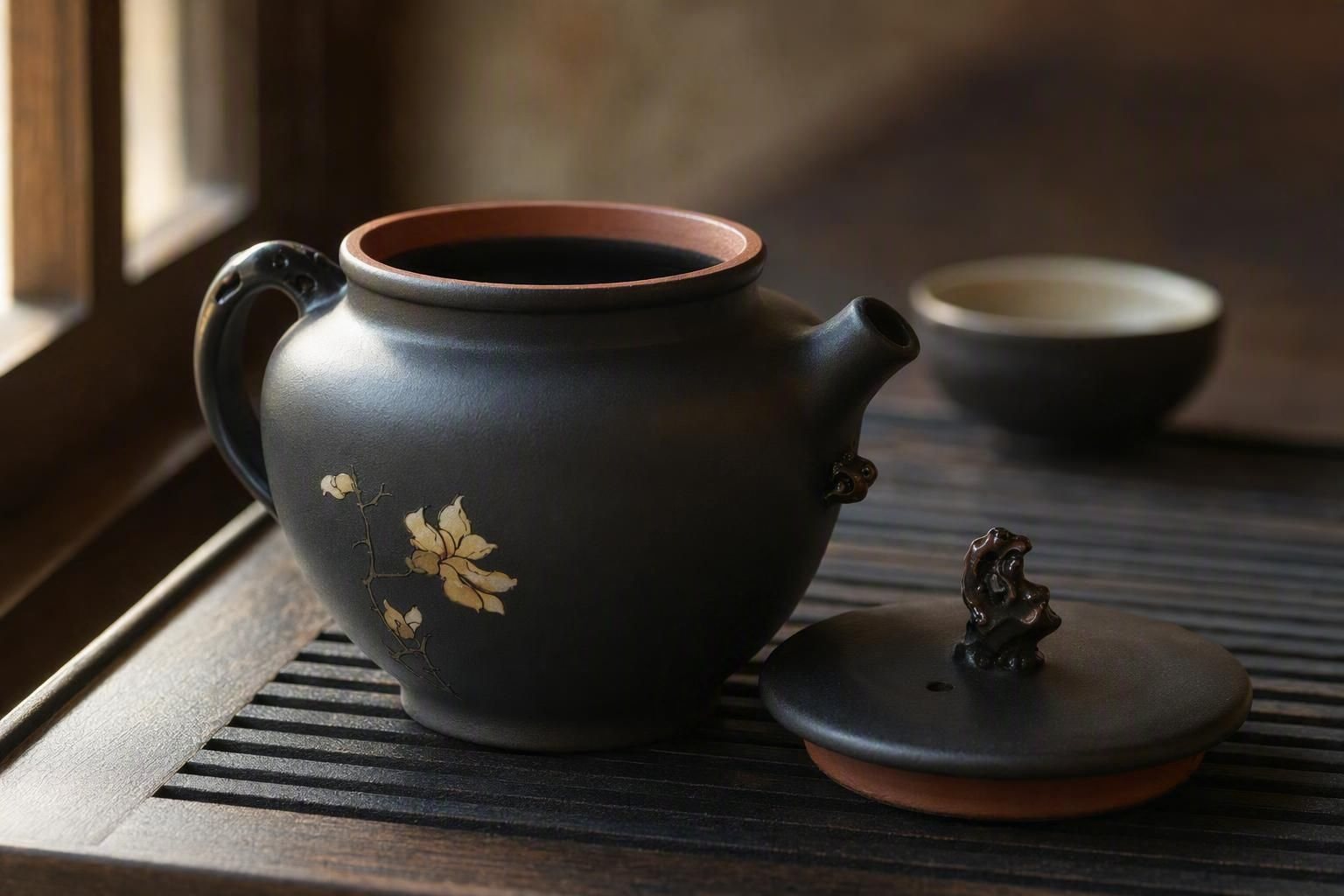 Floral Black Duo Zhi: sculptural lid knob, loop handle and pouring side