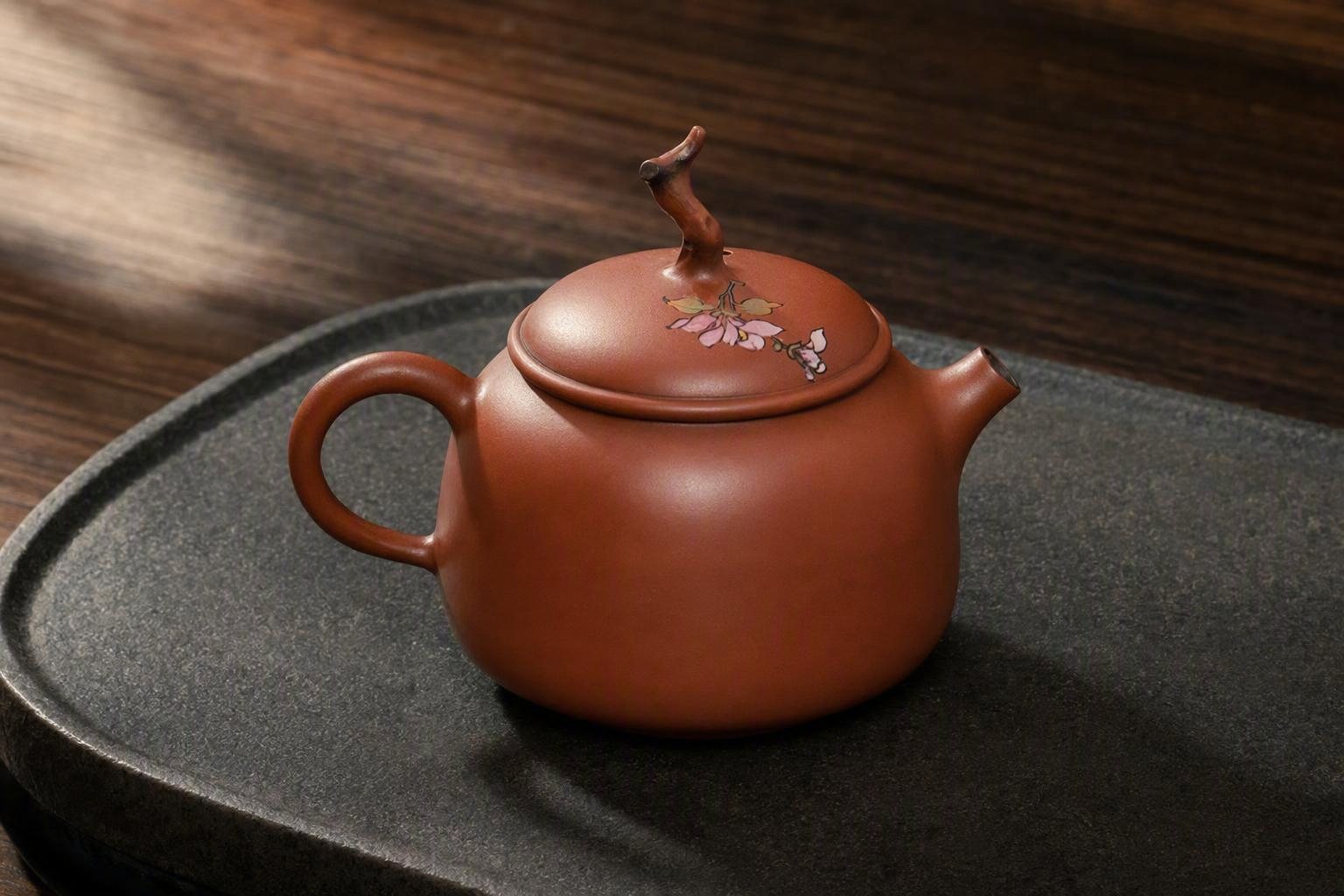 Floral Gourd Vessel: rounded terracotta body, branch lid knob and loop handle