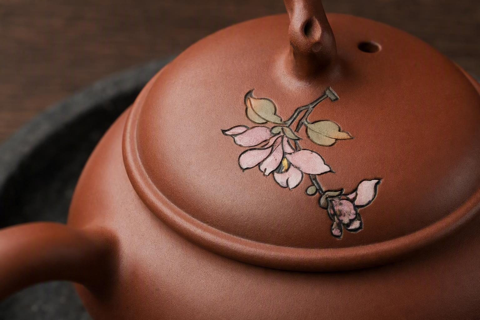 Floral Gourd Vessel: pink and cream blossom detail in incised clay