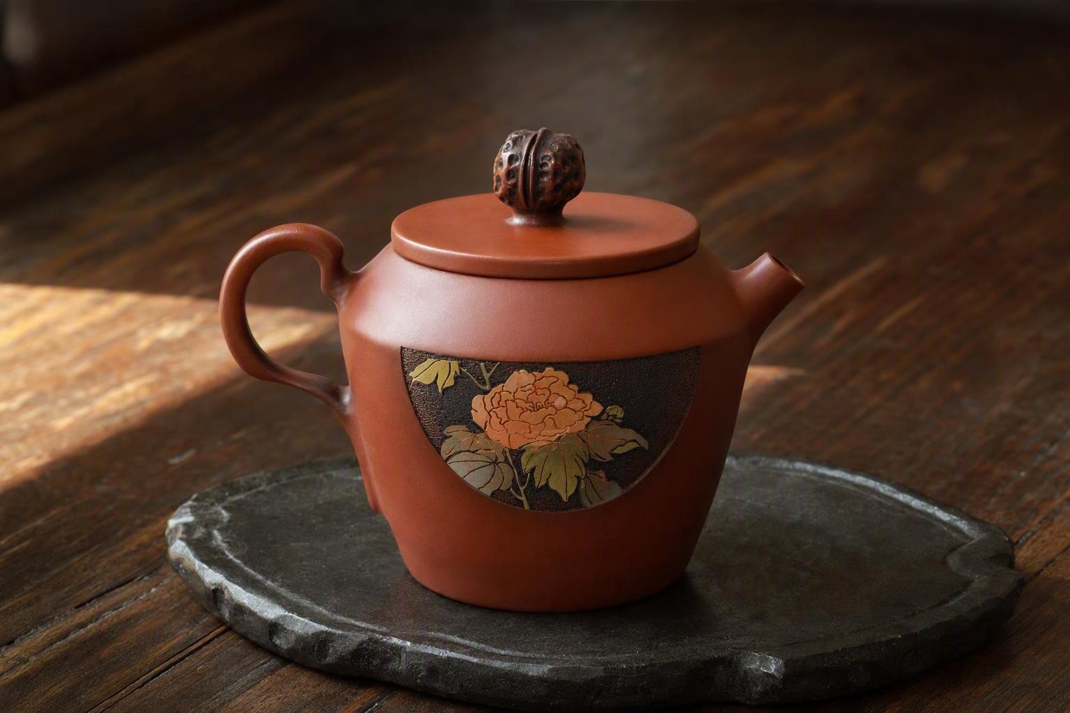 Floral Yangcai: gently squared body, low lid and carved peony panel