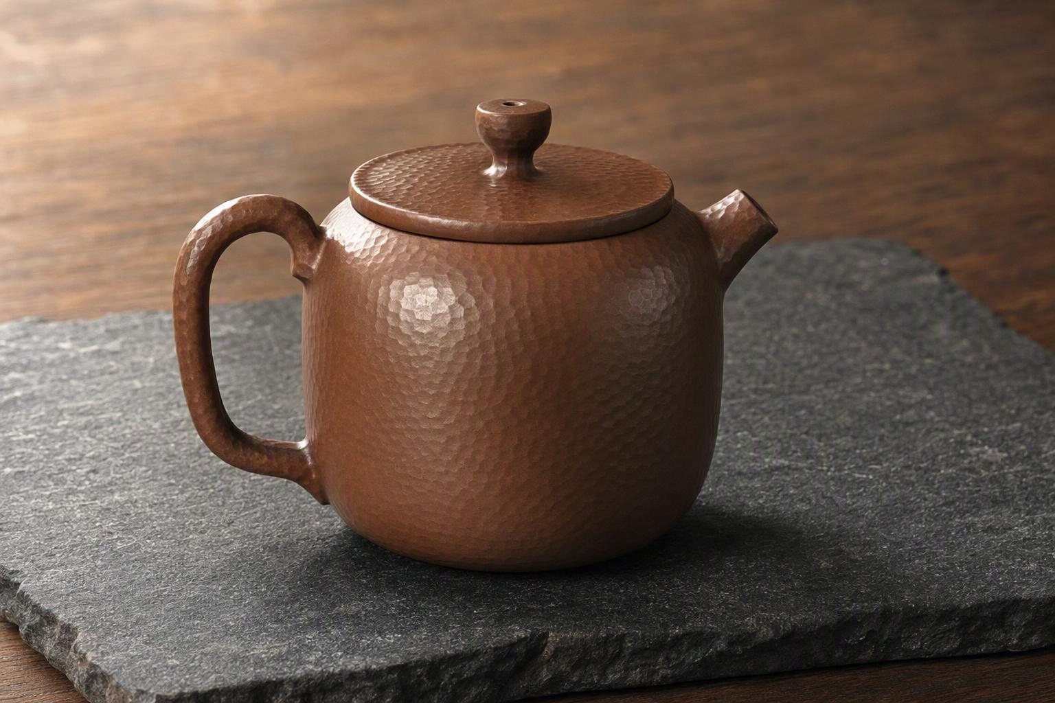 Hammered Earth No. 3: upright rounded body, tall loop handle and faceted spout