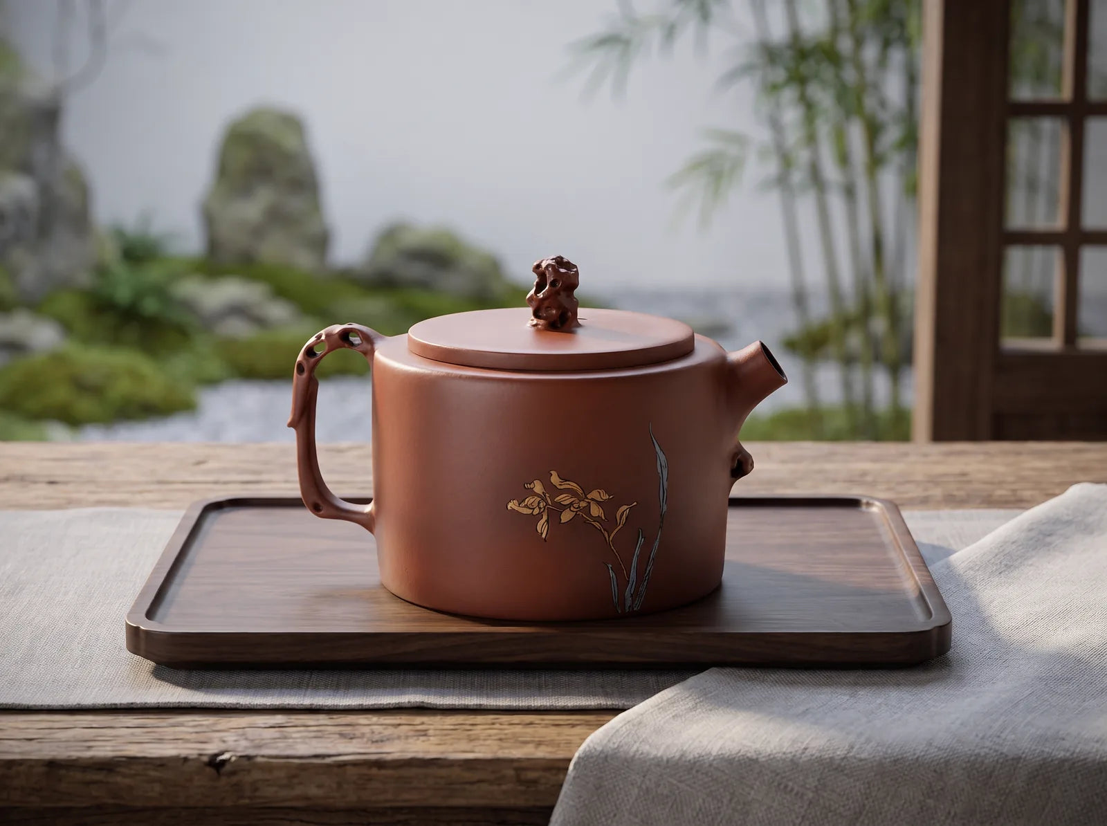 Jianshui – Jinglan Floral Teapot in an editorial setting