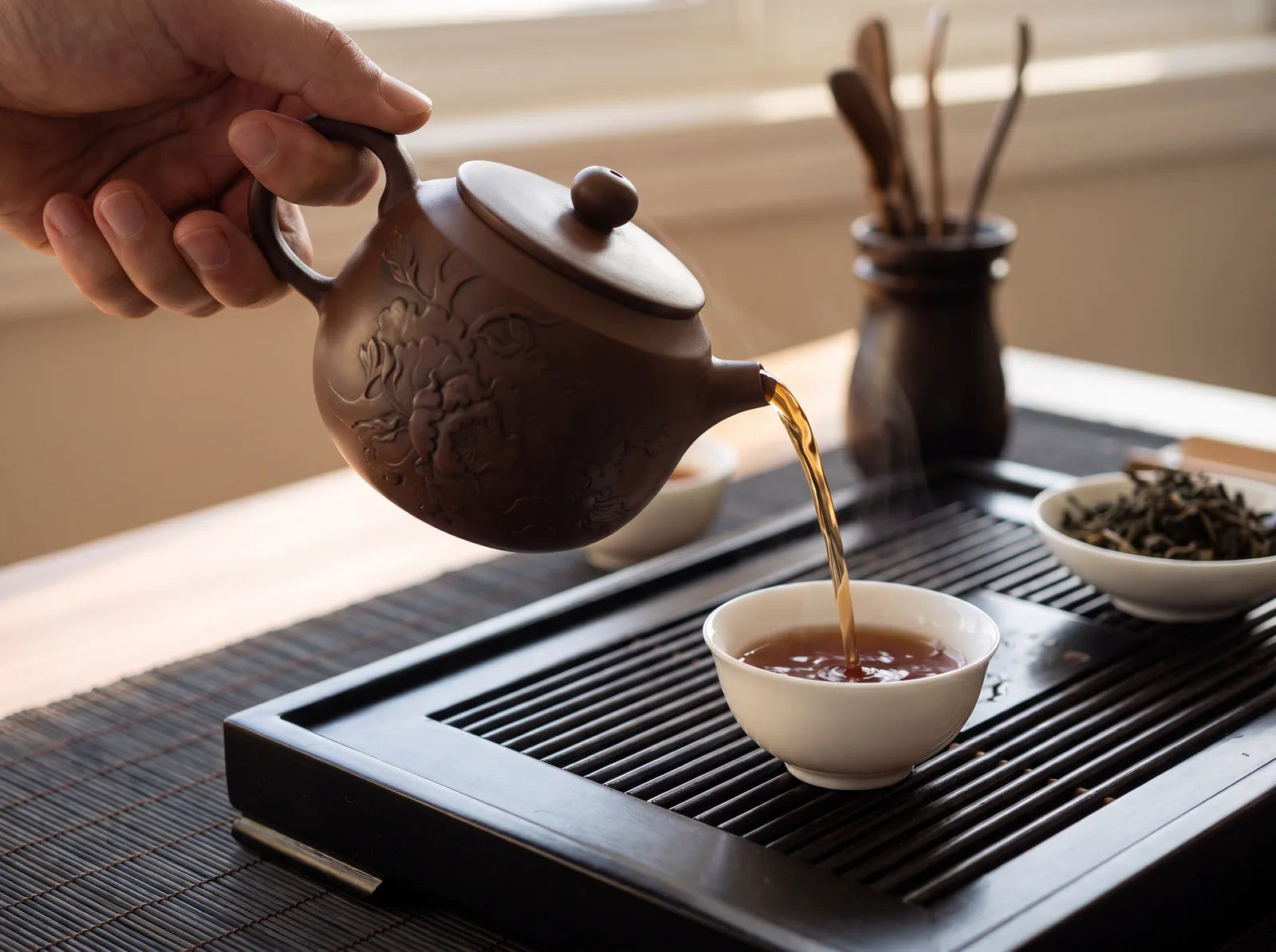 The handle and spout from the pouring side